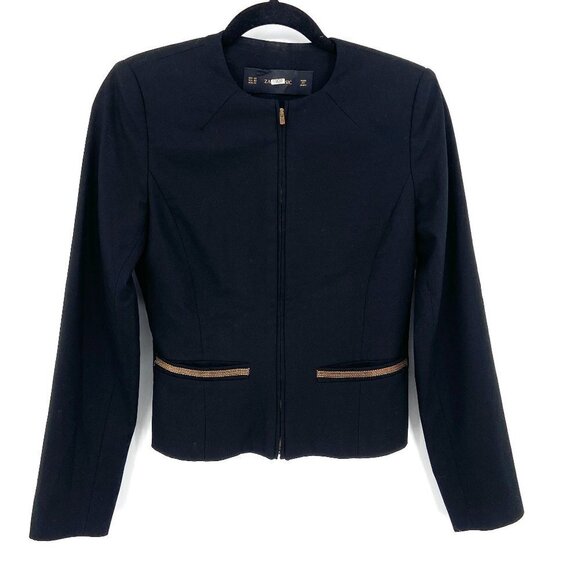 ZARA Basic Black Gold Tone Detail Shoulder Pad Full Zip Blazer Jacket Size XS - Picture 1 of 5